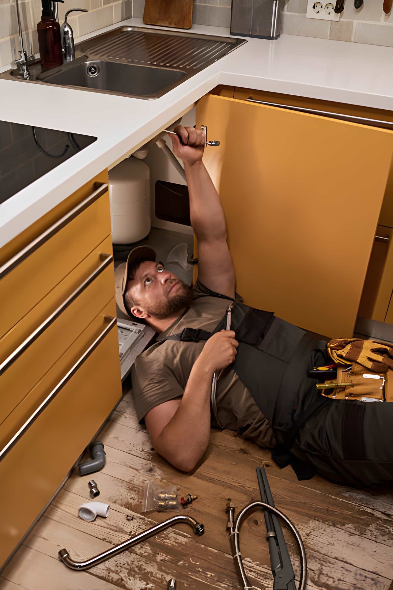 Plumber working beneath a kitchen sink